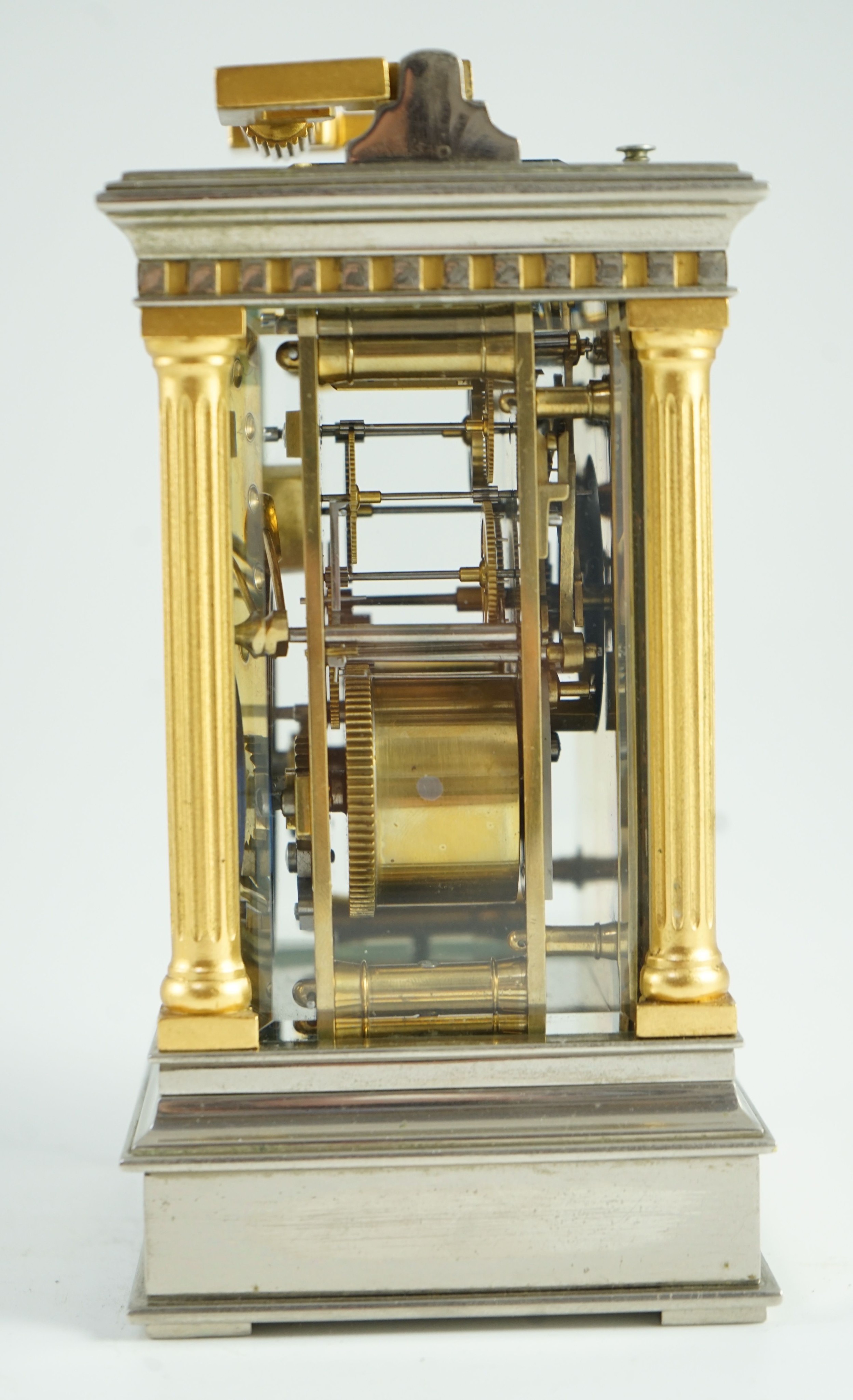 A late 19th century French hour repeating silvered and gilt brass carriage clock, width 10cm, depth 9cm, height 17.5cm